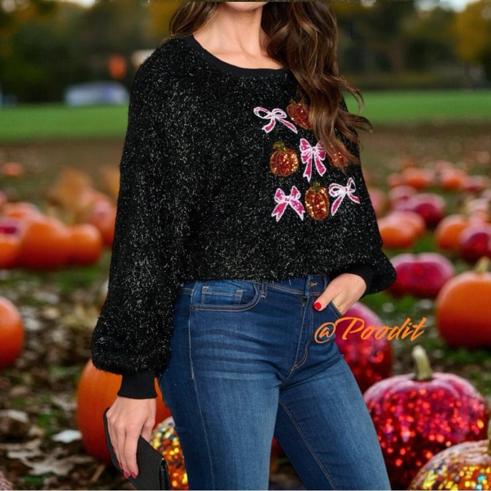 PEACH LOVE CALIFORNIA Black shimmer Sweater with sequin fall accents S M L